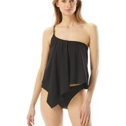 MICHAEL Michael Kors Signature Solids Logo Chain One Shoulder Tankini Top