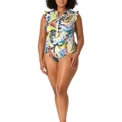 Anne Cole Plus Size Flutter Sleeve Zip One-Piece